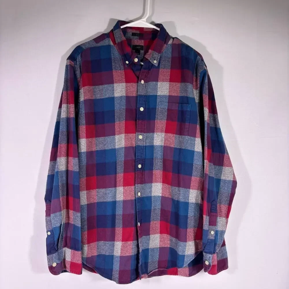 J. Crew Red, Blue & Gray 100% Cotton Plaid Button-Down Slim Fit Shirt Large 1234